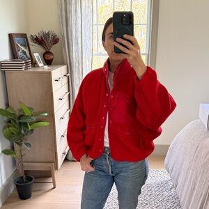 Free People fleece jacket in lipstick red.